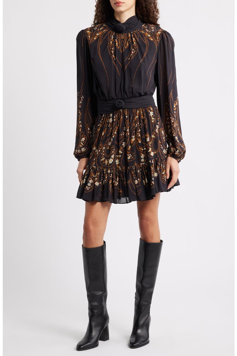 Garden Silhouette Long Sleeve Dress, Main, color, BLACK