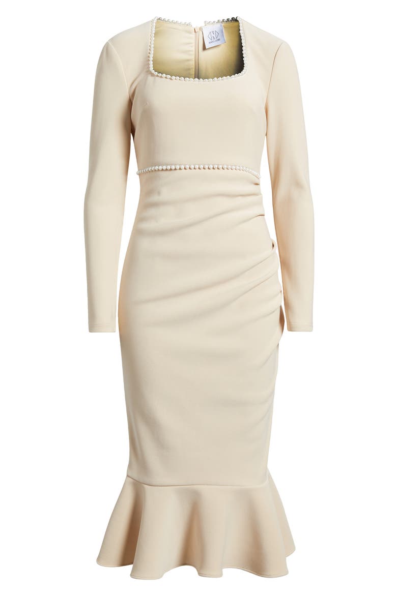Faux Pearl Ruched Flare Hem Dress, Alternate, color, IVORY