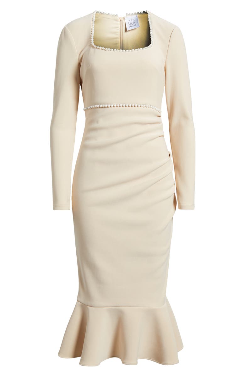 NIKKI LUND Faux Pearl Ruched Flare Hem Dress, Alternate, color, Ivory