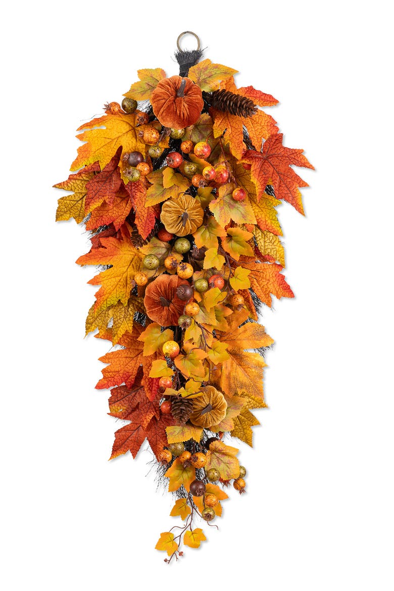 27"H Fall Dahlia Pumpkin  Leaf and Berry Teardrop, Alternate, color, Orange