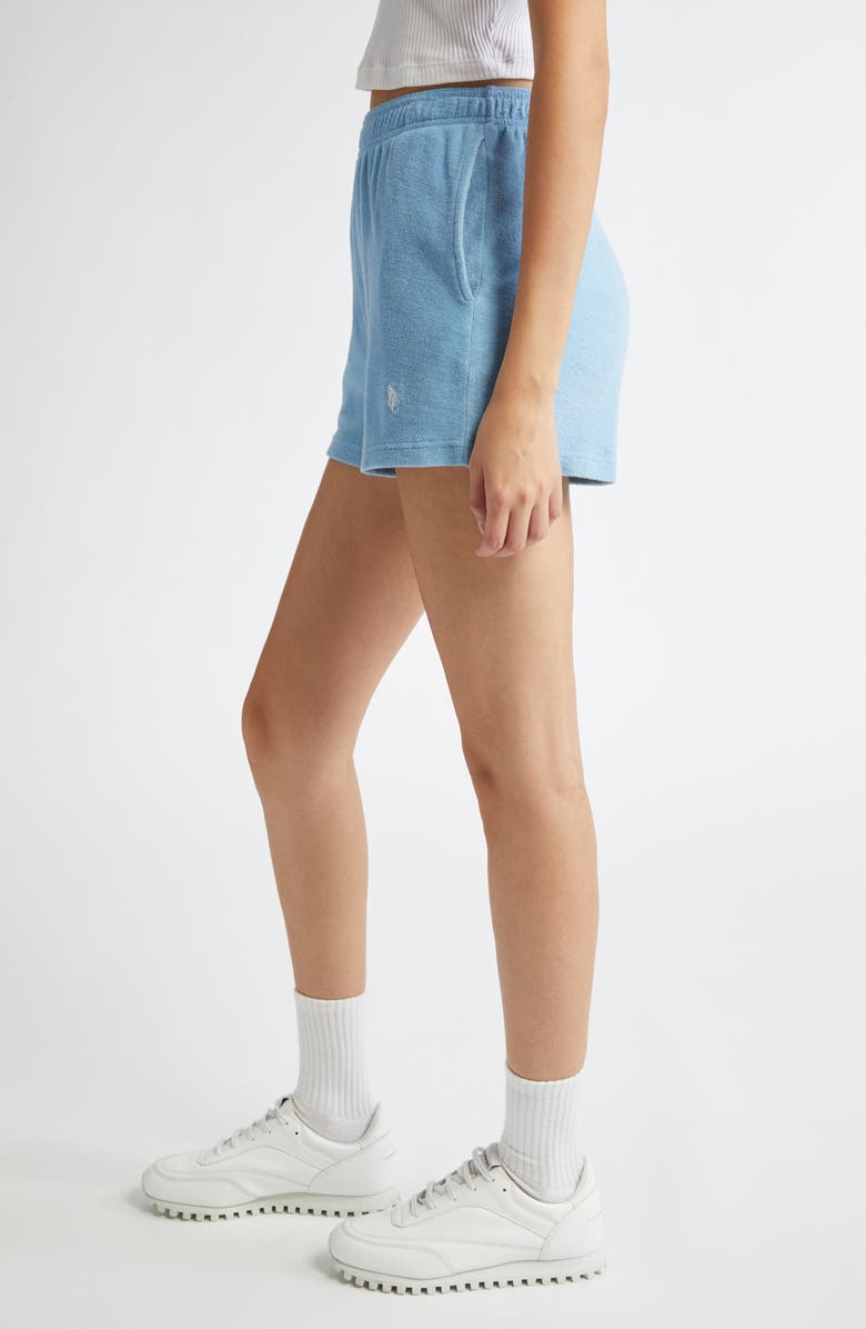 Sporty & Rich Embroidered Logo Cotton Terry Cloth Shorts, Alternate, color, Sky Blue