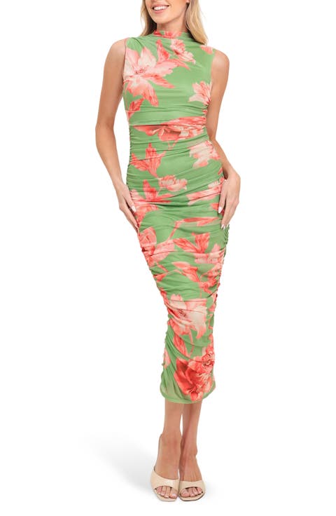 Sleeveless Print Mesh Midi Dress