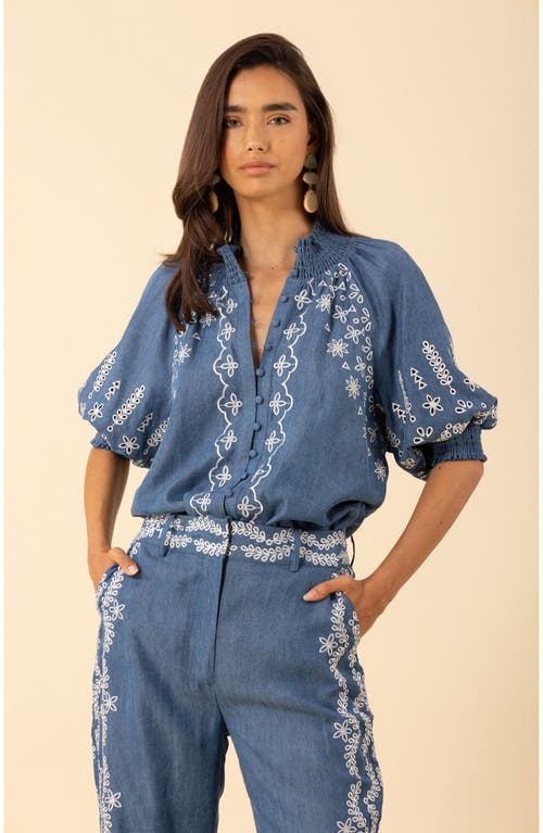 Hale Bob Fallon Embroidered Chambray Top In Blue