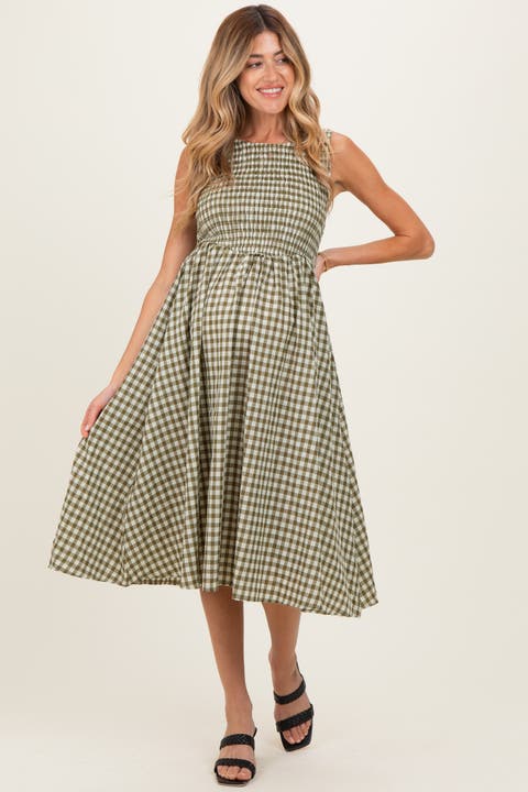 Gingham Smocked Sleeveless Midi Dress