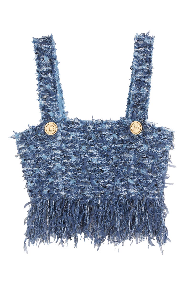 Balmain Fringe Tweed Crop Top, Alternate, color,