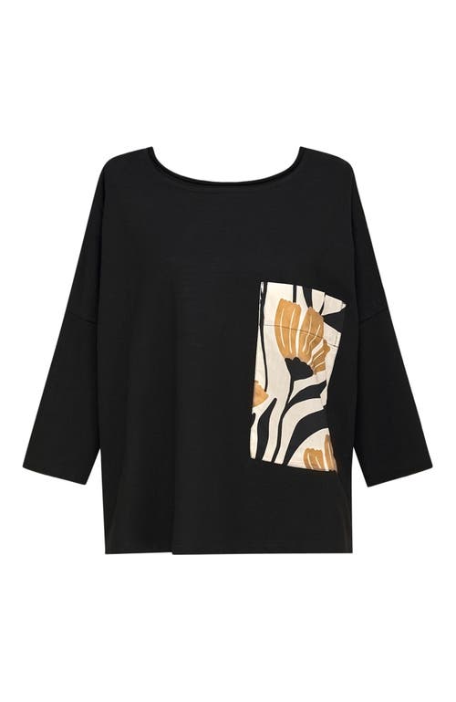 Alembika Boxy Tee With Contrast Tulip Print Patch Pocket In Black
