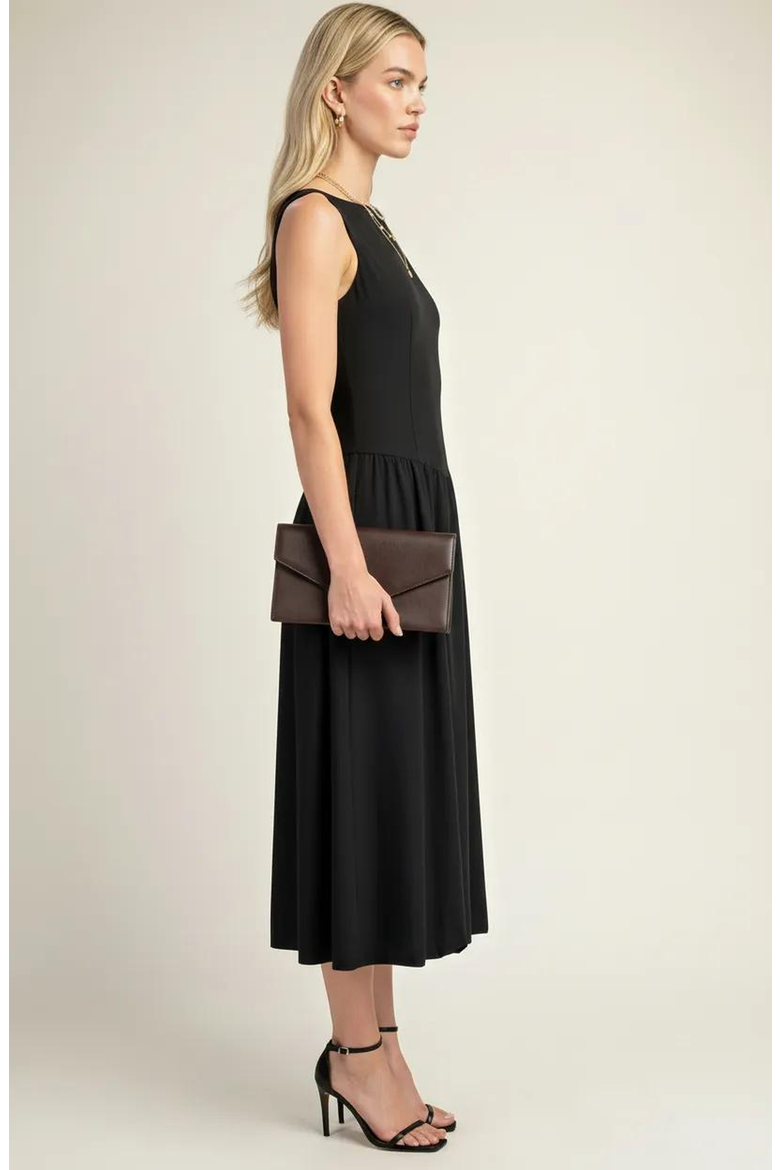 Sleeveless Fit-and-Flare Midi Dress with Gathered Skirt Detail, Alternate, color, Black
