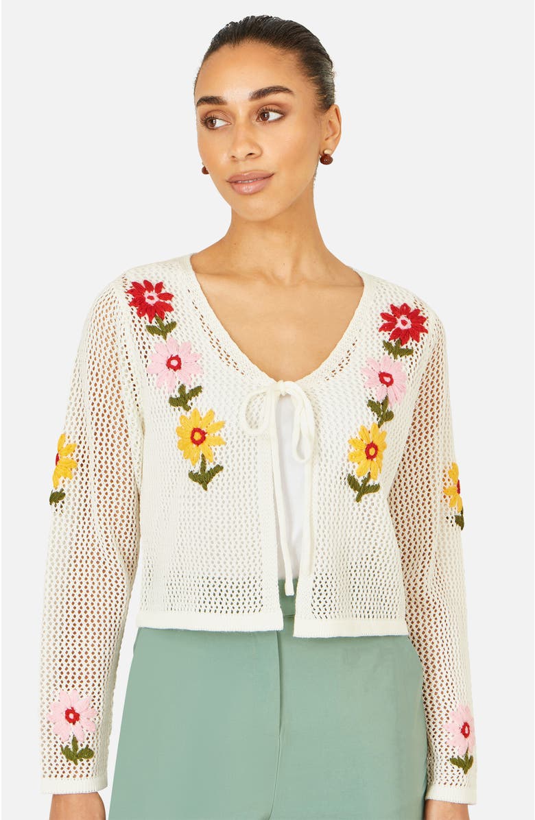 Yumi Crochet Embroidered Flower Cardigan, Main, color, Ivory