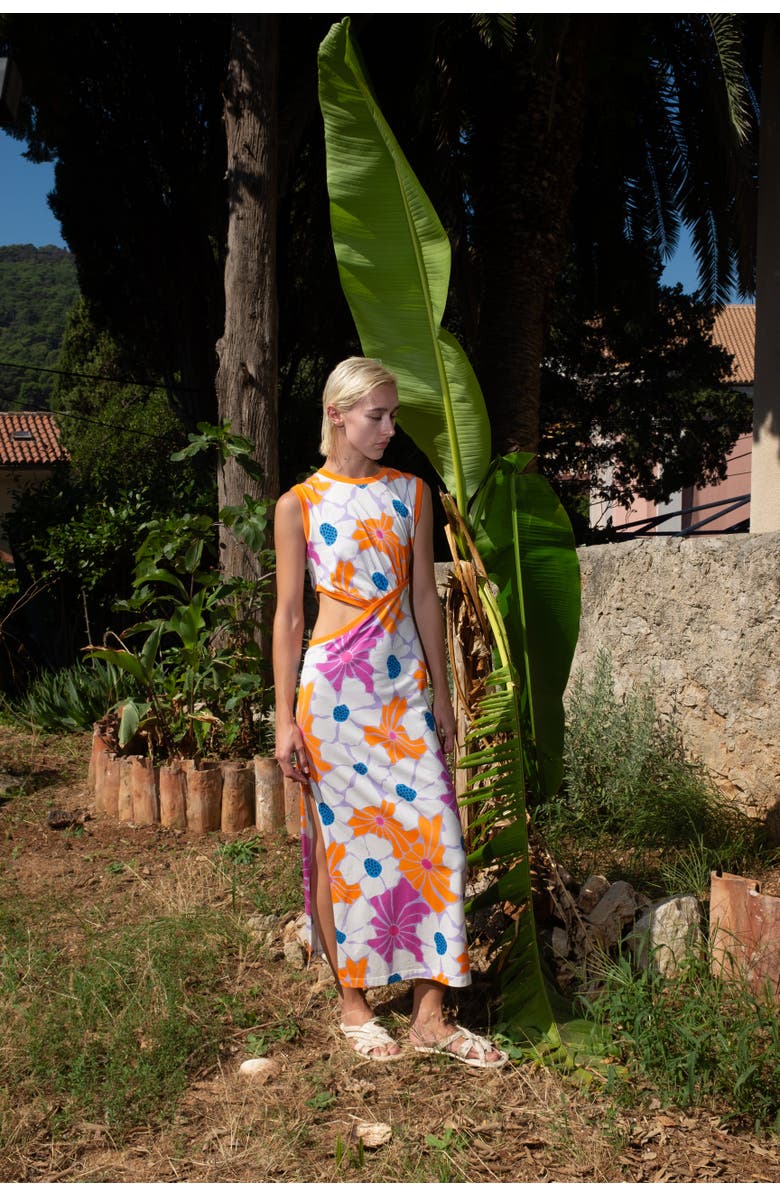 Untitled in Motion Morea Printed Cutout Midi Dress, Alternate, color, Morea