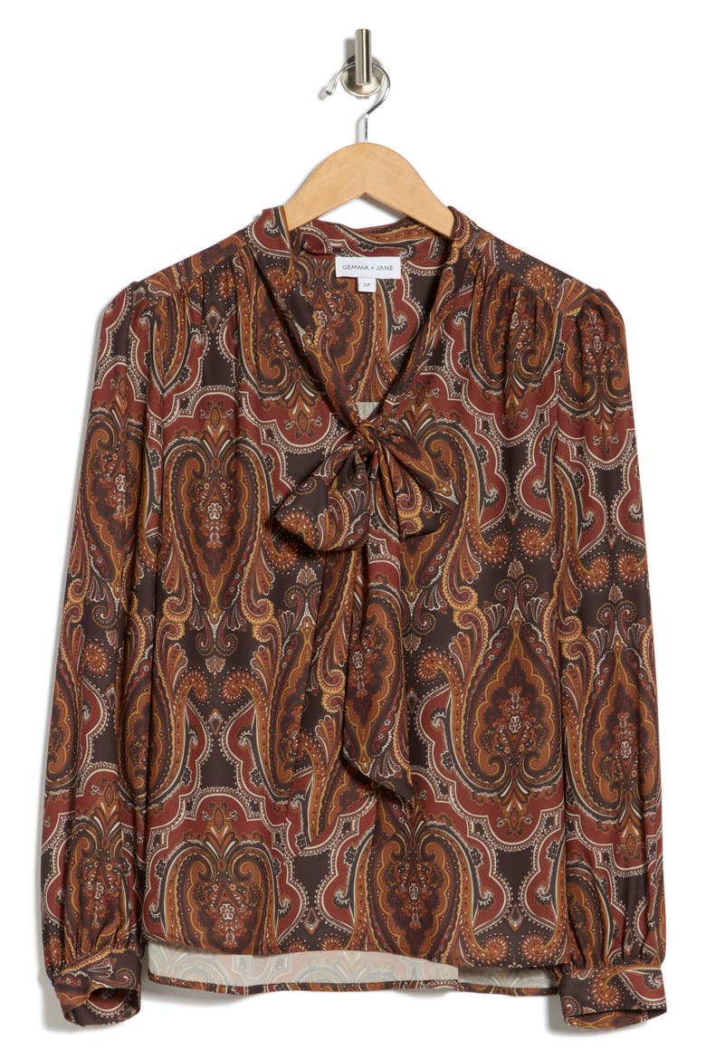 Tie Neck Georgette Top, Alternate, color, BROWN PAISLEY