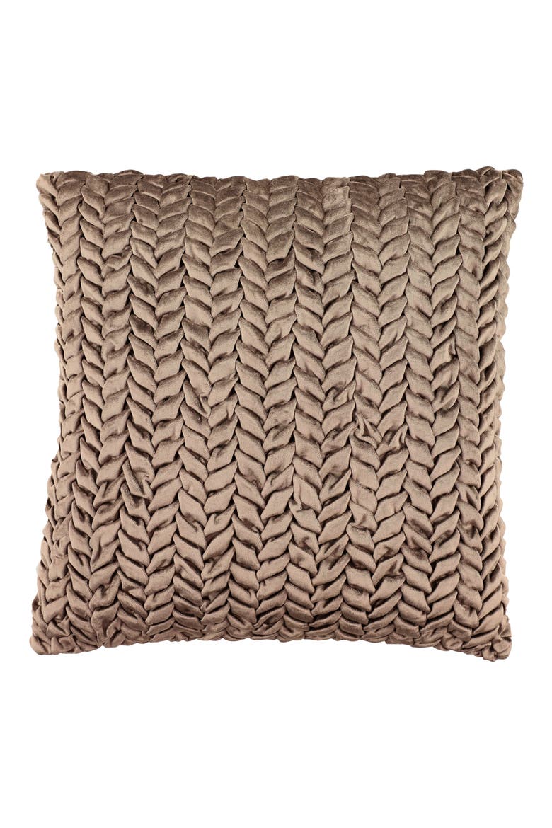 Beige Velvet Square Decorative Throw Pillow with Smocked Braid Pattern, Main, color, BEIGE