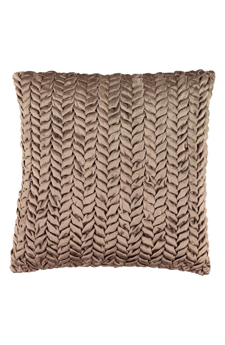 UMA Beige Velvet Square Decorative Throw Pillow with Smocked Braid Pattern, Main, color, 