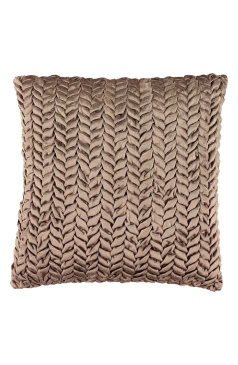 Beige Velvet Square Decorative Throw Pillow with Smocked Braid Pattern