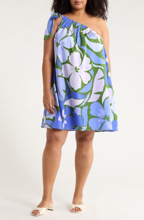SUGARLIPS Dayana Floral Adley One-Shoulder Cotton Minidress in Green-Blue 