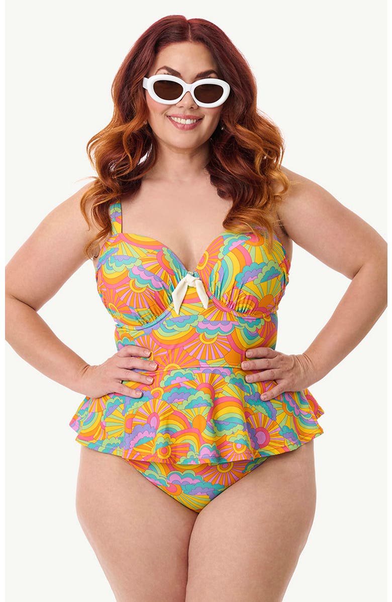 Unique Vintage Plus Size Peplum Solana Tankini Swim Top, Main, color, Rainbow Print