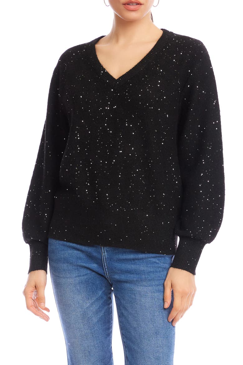 Sequin V-Neck Sweater, Alternate, color, BLACK