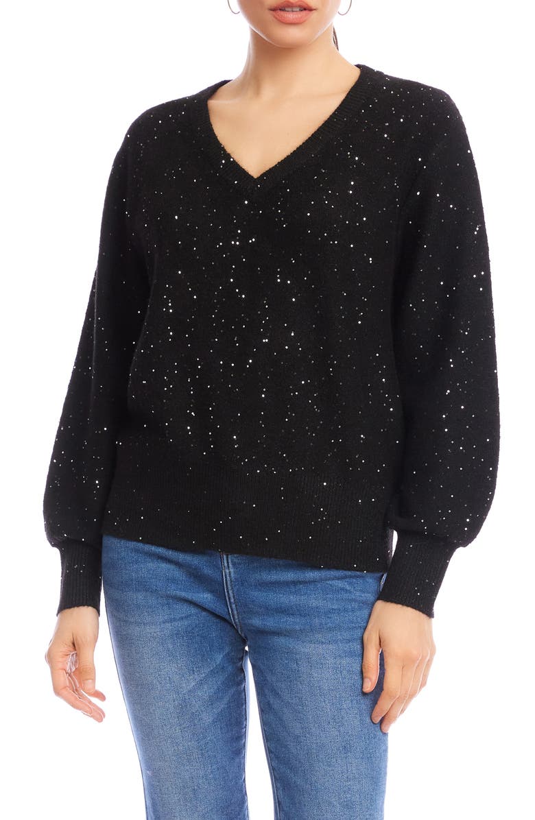 Karen Kane Sequin V-Neck Sweater, Alternate, color, Black