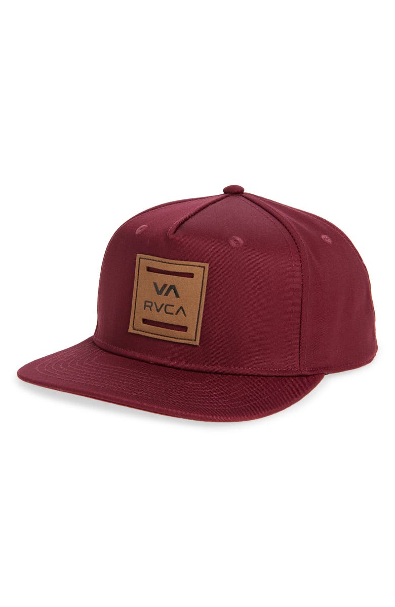 RVCA Standard Logo Patch Snapback Cap, Main, color, Burgundy