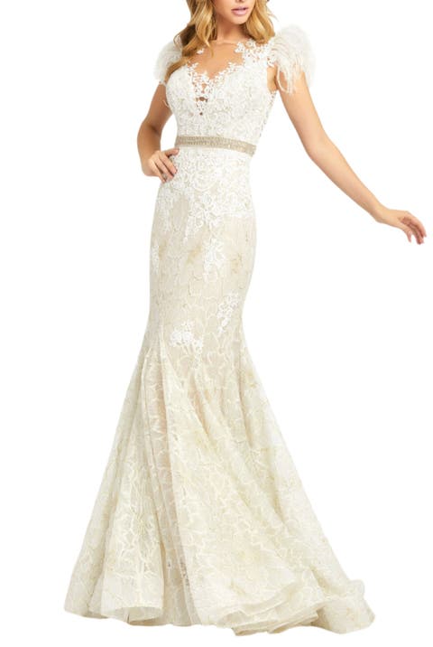 Embellished Feather Cap Sleeve Gown