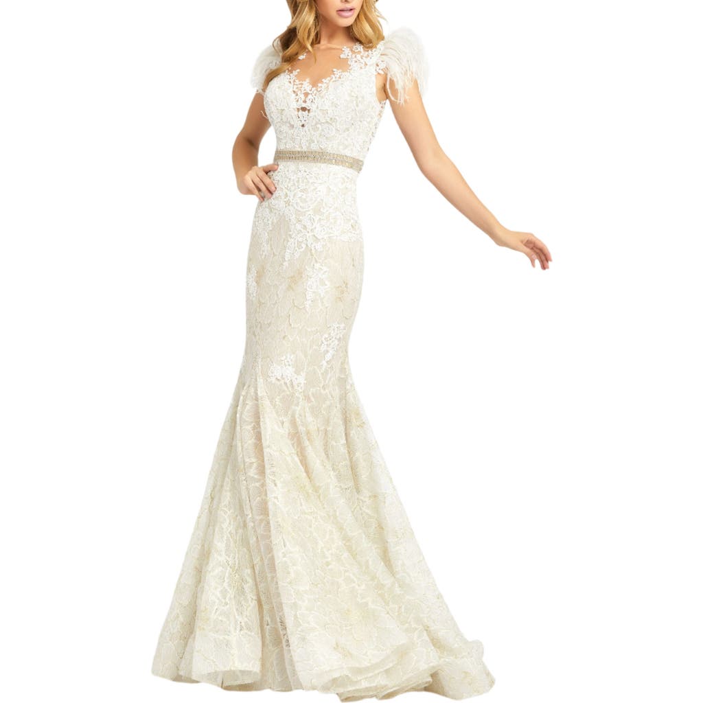 Mac Duggal Illusion Sequin Lace Feather Sleeve Mermaid Gown In Ivory Nude