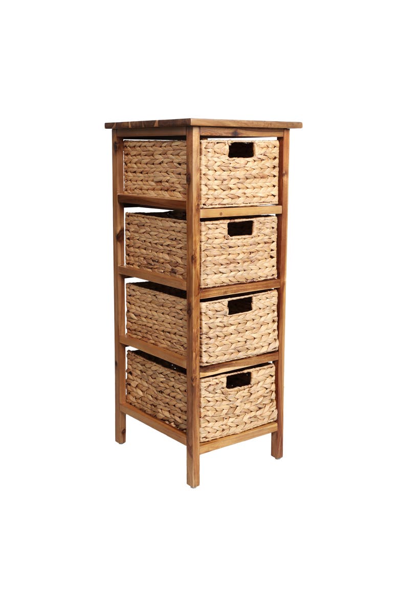 Cohen Coastal Bohemian Handcrafted Acacia Wood 4-Tier Storage Cabinet with 4 Water Hyacinth Woven Baskets, Main, color, Natural