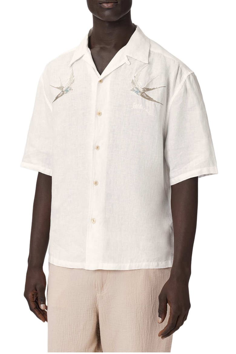 Avia Bird Embroidered Linen Camp Shirt, Main, color, ECRU