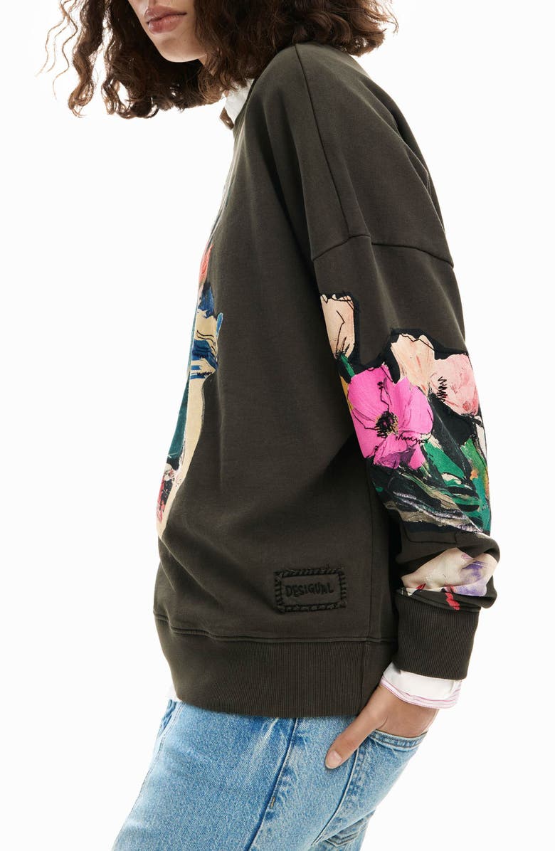 Desigual Abstract Floral Cotton Graphic Sweatshirt, Alternate, color, Dark Grey