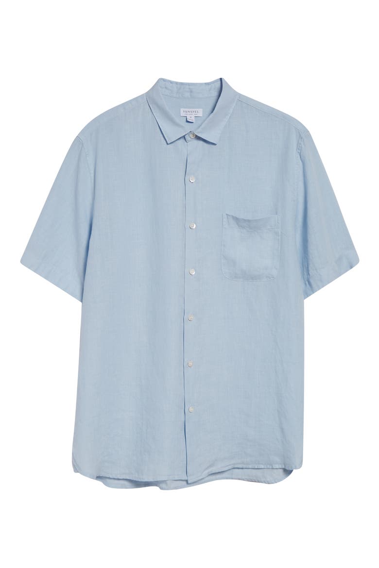 Short Sleeve Linen Button-Up Shirt, Alternate, color, LIGHT BLUE25