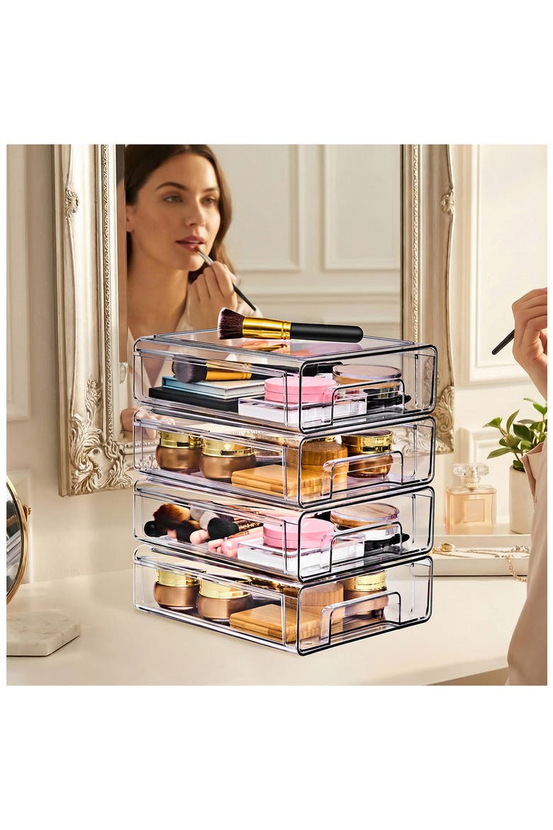 Set of 4 Medium Stackable Drawers, Alternate, color, CLEAR