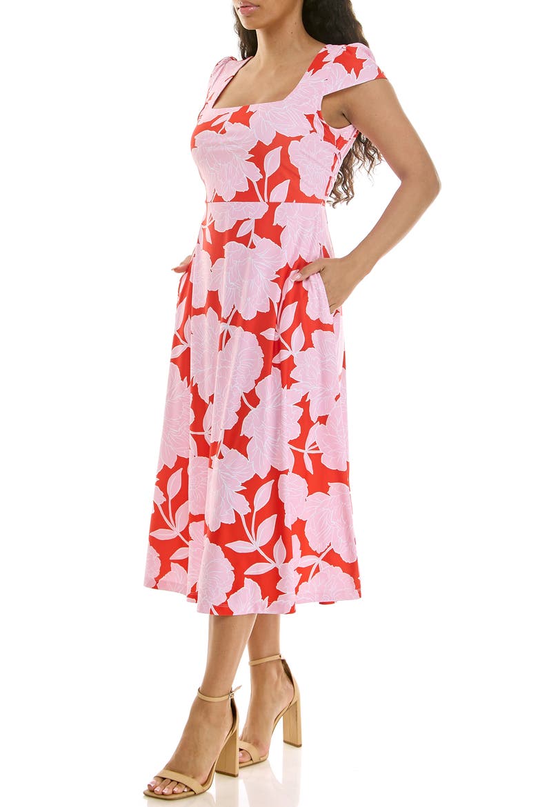 Floral Cap Sleeve Fit & Flare Dress, Alternate, color, ORANGE/ IVORY/ PINK