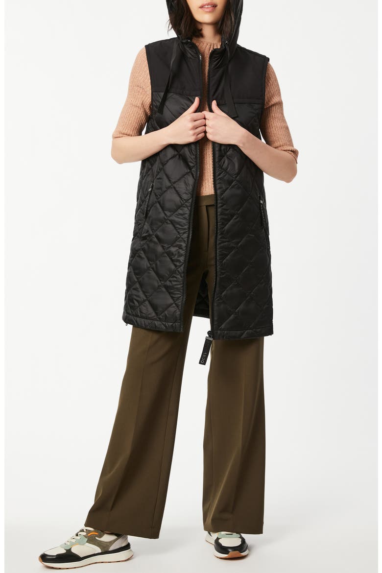 Recycled Nylon Quilted Long Vest with Hood, Alternate, color, BLACK
