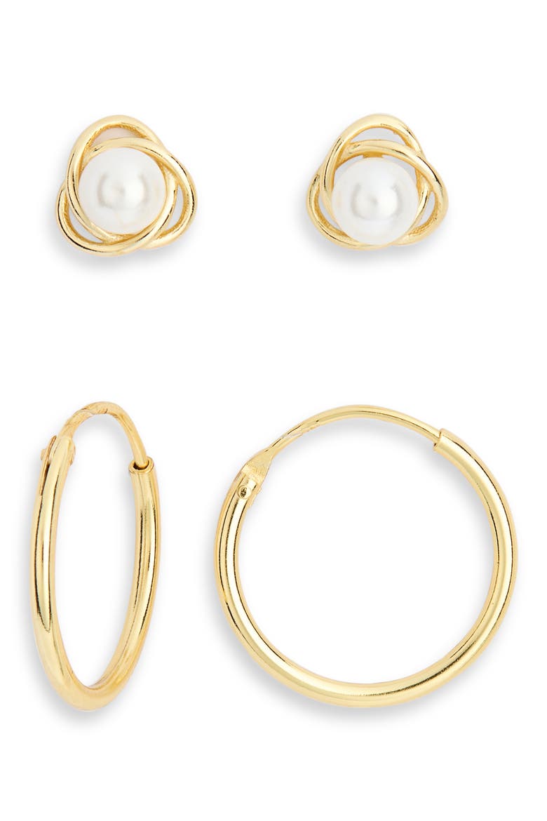 Set of 2 Faux Pearl Stud & Hoop Earrings, Main, color, GOLD