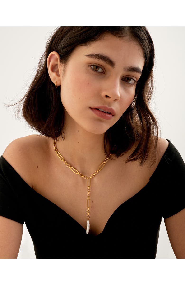 Katie Loxton Allure Waterproof Gold Pearl Lariat Necklace, Alternate, color, Gold