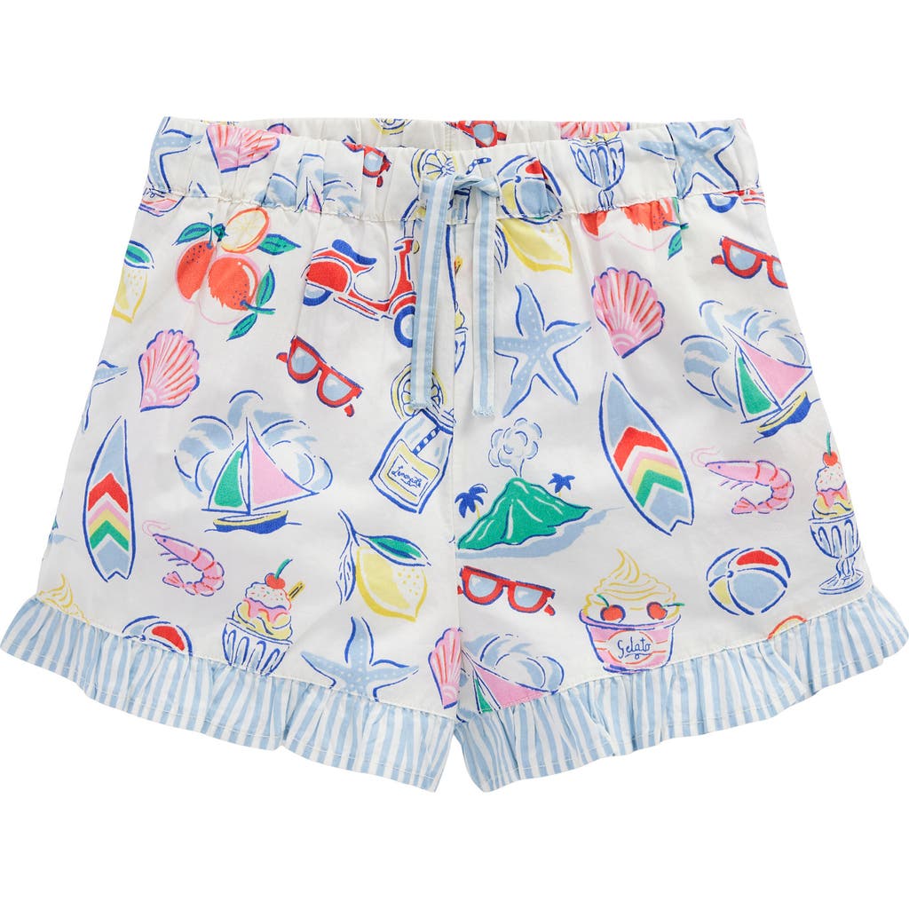 Mini Boden Kids' Juniper Frill Cotton Drawstring Shorts In Ivory Holiday Print