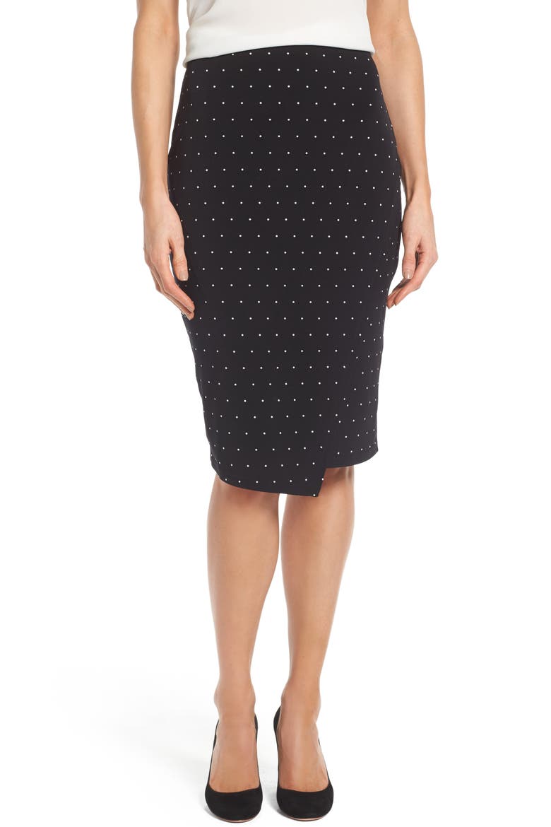 Pin Dot Faux Wrap Skirt, Main, color, RICH BLACK
