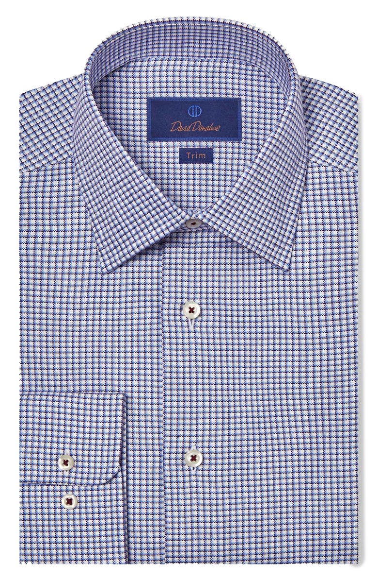 David Donahue Trim Fit Shadow Check Cotton Dress Shirt, Main, color, Merlot/ Sky