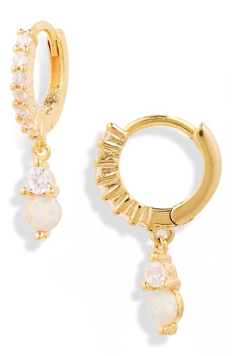 Cubic Zirconia & Imitation Opal Drop Huggie Hoop Earrings