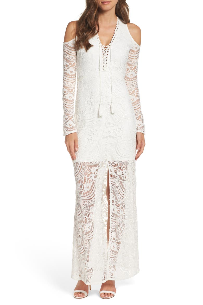 Lace-Up Cold Shoulder Gown, Main, color, WHITE
