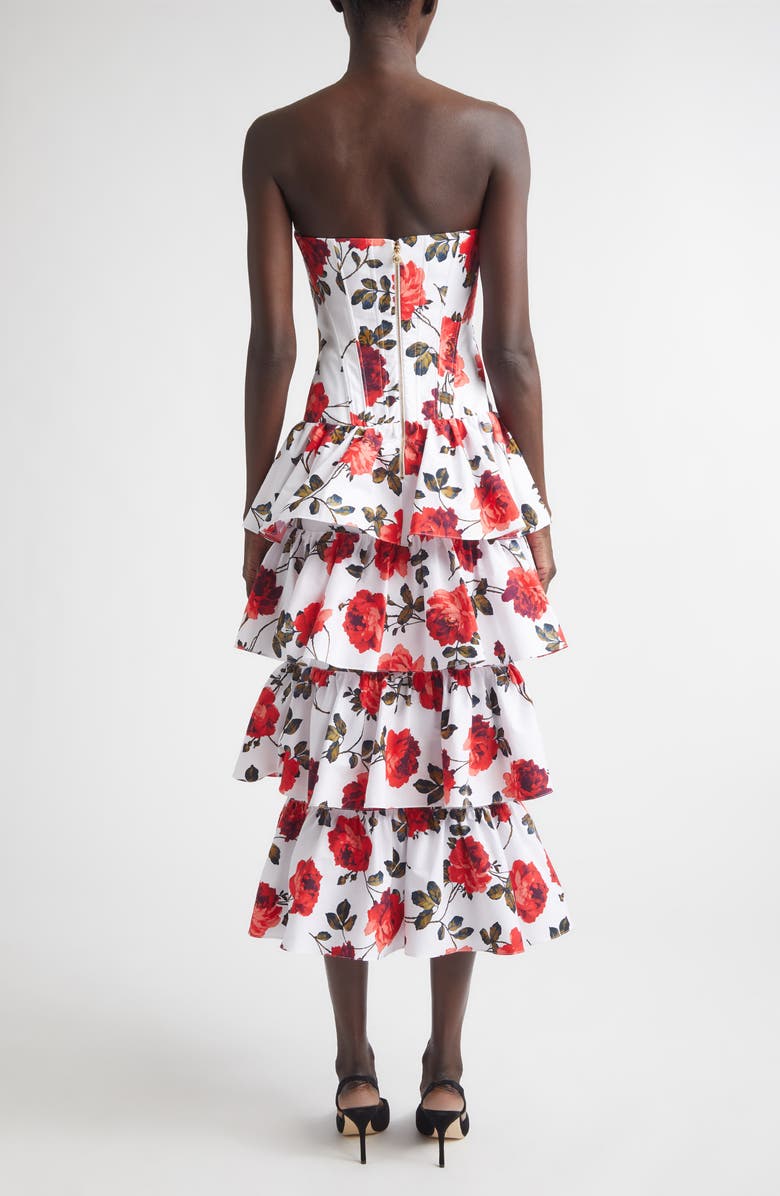 Carolina Herrera Rose Print Tiered Ruffle Convertible Stretch Cotton Poplin Dress, Alternate, color, White Multi