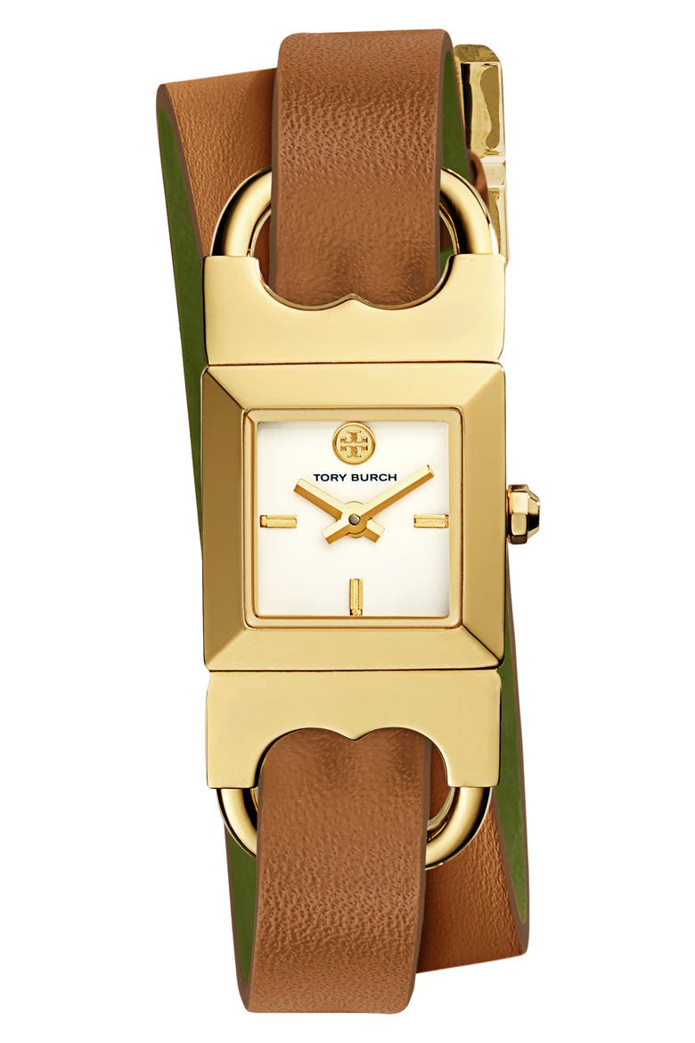 Double T Link Reversible Leather Strap Wrap Watch, 18mm, Main, color, LUGGAGE/ GOLD/ GREEN