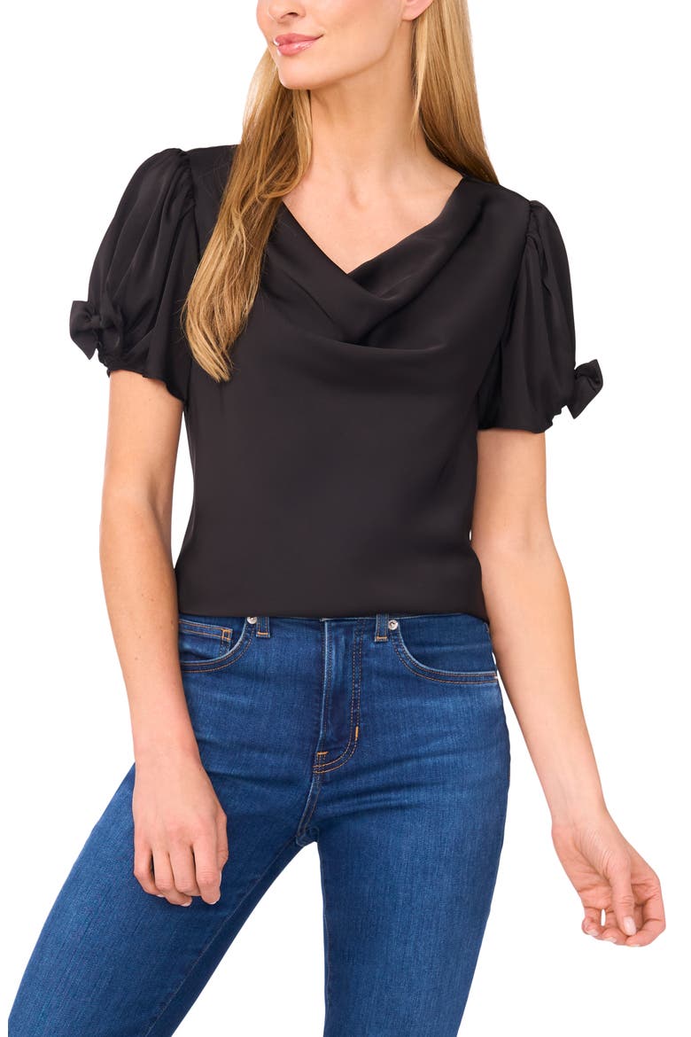 Bow Sleeve Cowl Neck Satin Charmeuse Top, Main, color, RICH BLACK