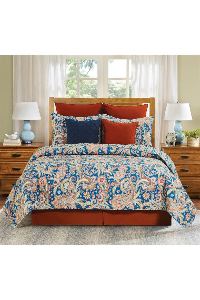 Marla Damask Cotton Quilt Set - Reversible and Machine Washable, Alternate, color, Blue