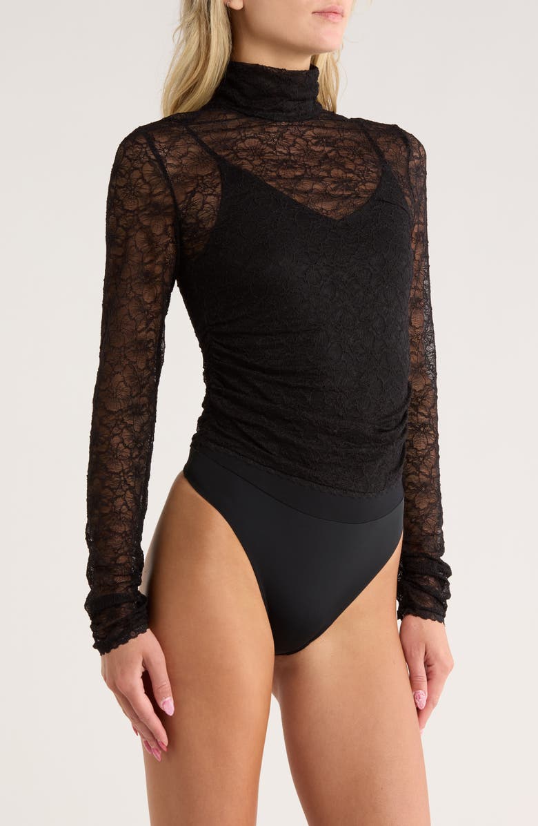 Simkhai Zurie Lace Combo Turtleneck Bodysuit, Alternate, color, Black