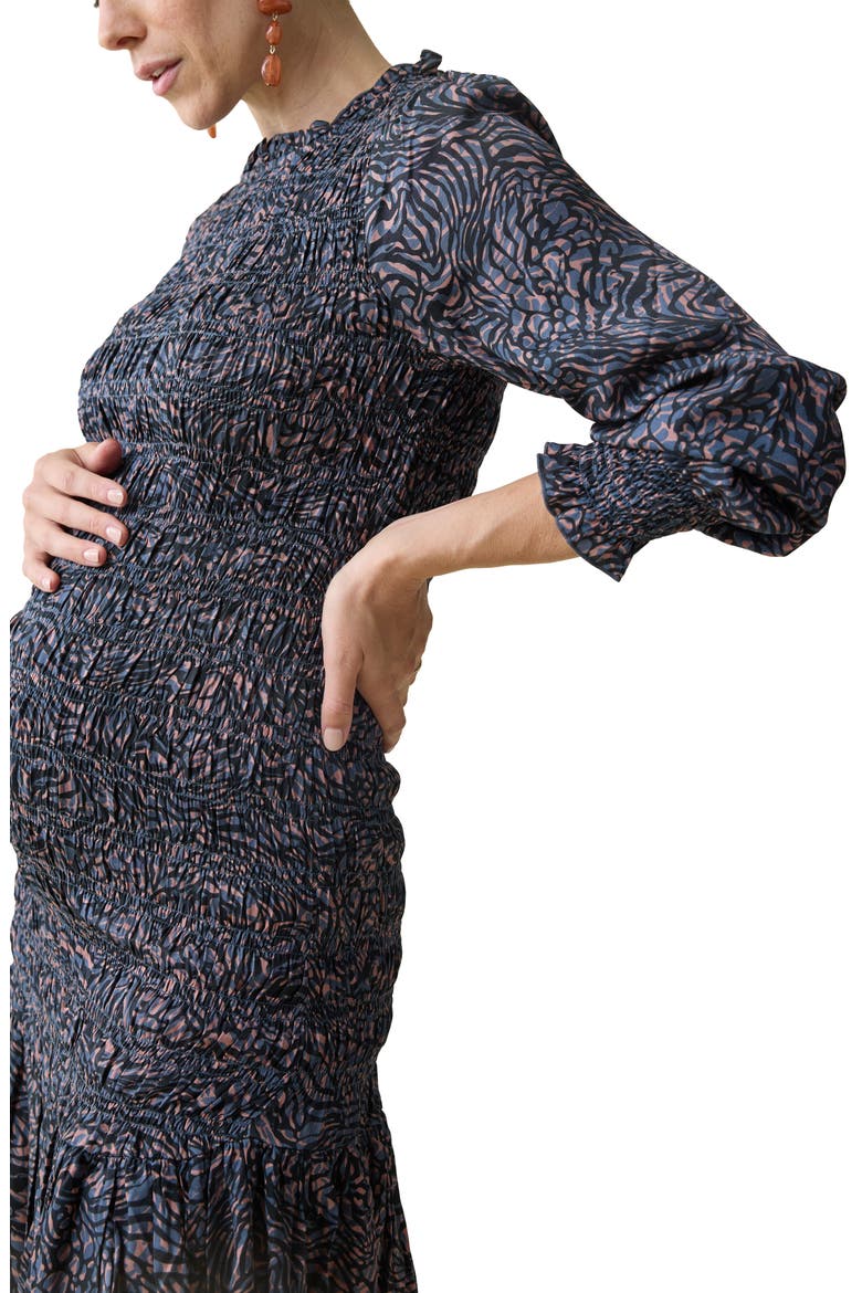 Smocked Occasion Bracelet Sleeve Sateen Maternity Dress, Alternate, color, BLUE/ TAN ANIMAL FLORAL