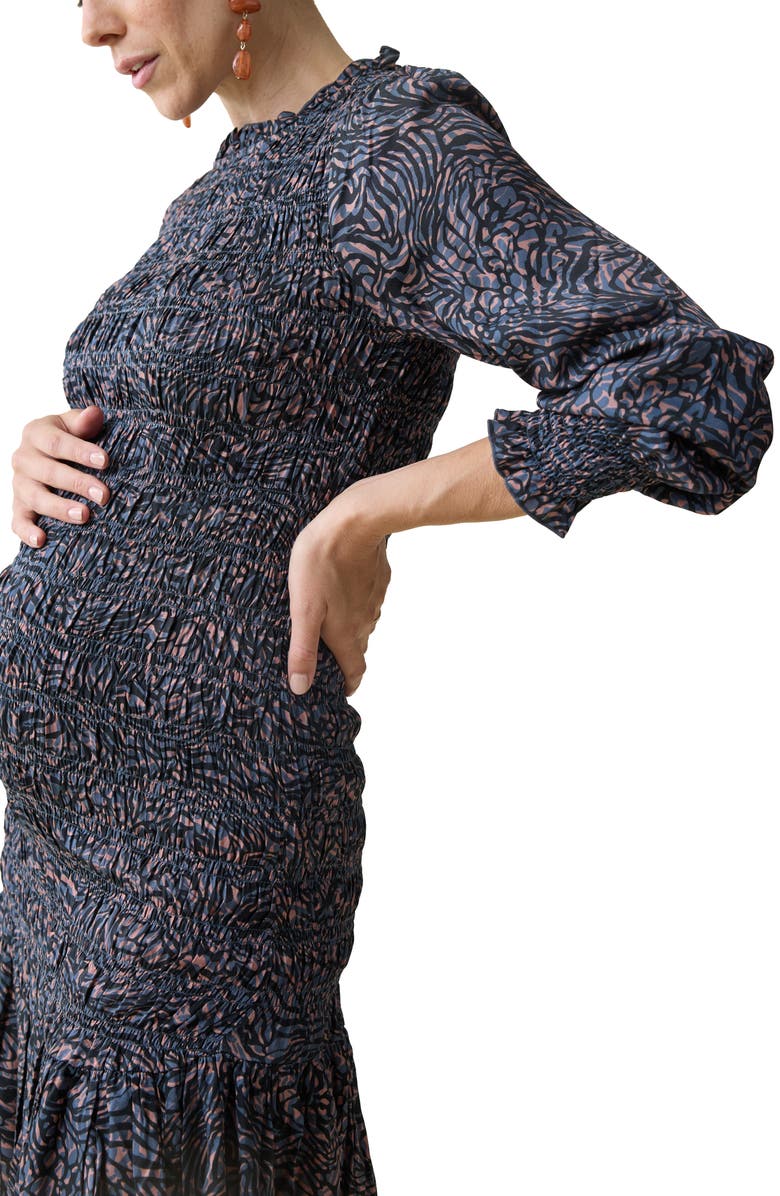 Ingrid & Isabel<sup>®</sup> Smocked Occasion Bracelet Sleeve Sateen Maternity Dress, Alternate, color, Blue/ Tan Animal Floral