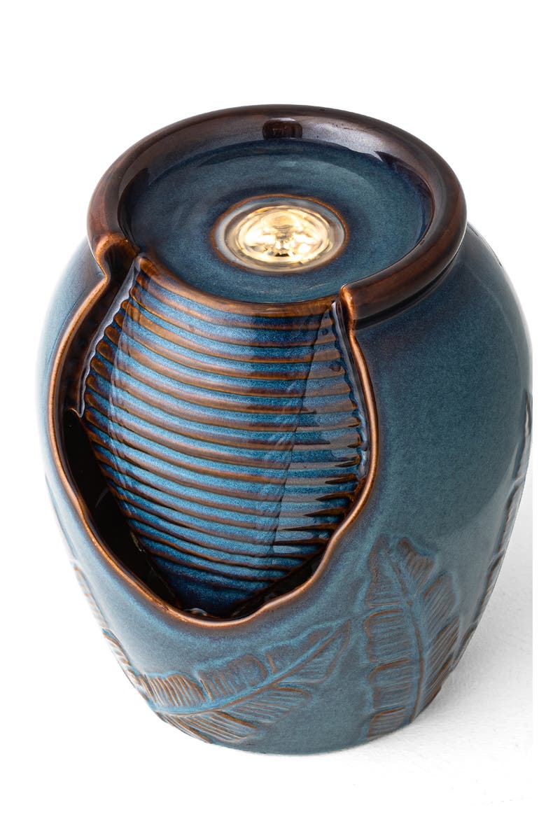 Turquoise Leaf Textured Ceramic Jar Tabletop Fountain with Pump and LED light, Alternate, color, Blue