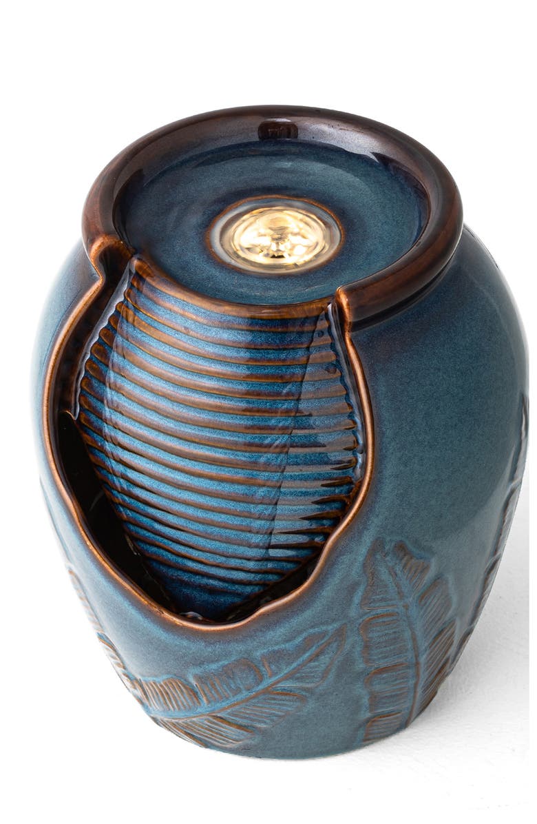 Glitzhome Turquoise Leaf Textured Ceramic Jar Tabletop Fountain with Pump and LED light, Alternate, color, Blue
