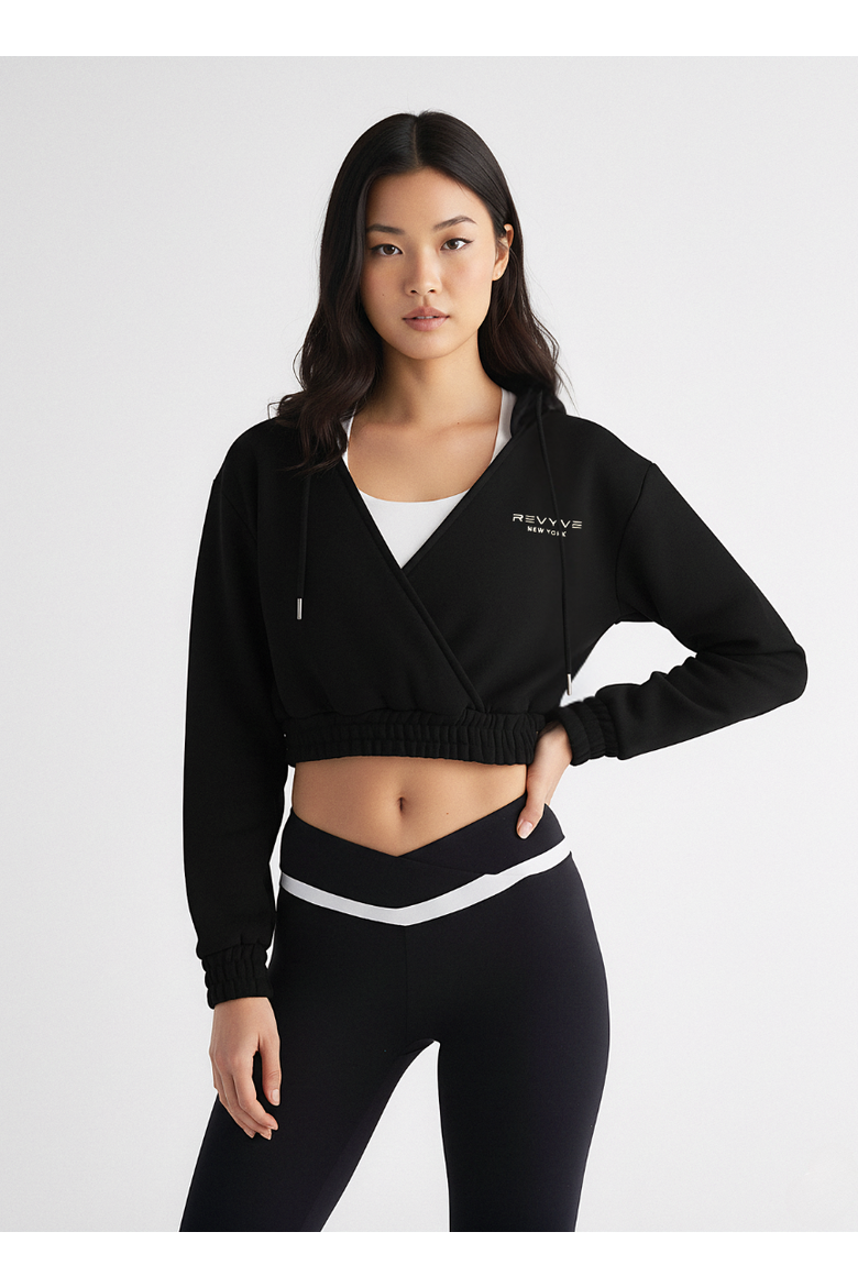 Cropped V-Neck Hoodie, Alternate, color, Black