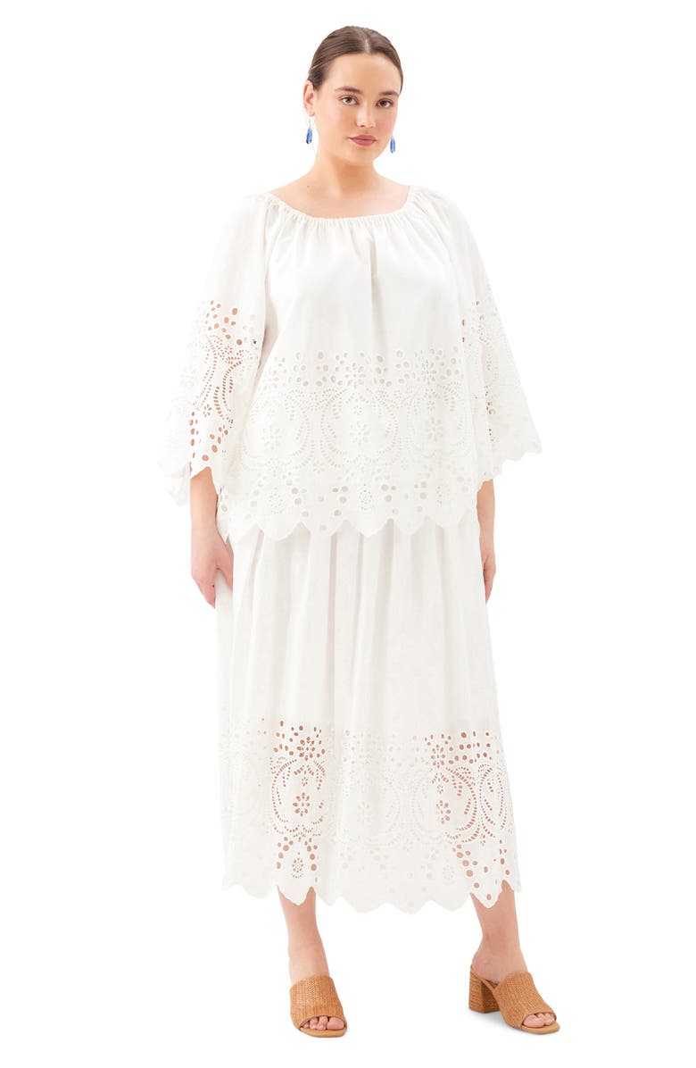 Karen Kane Embroidered Eyelet Cotton Midi Skirt, Alternate, color, Off White