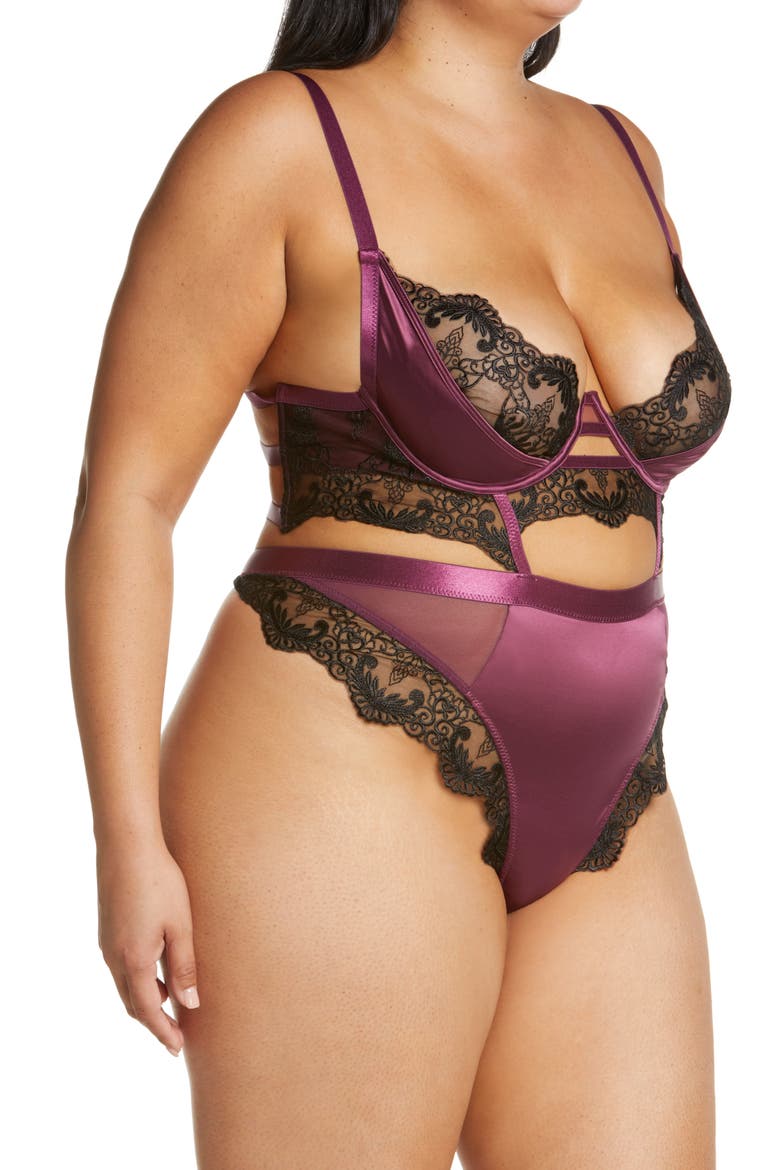 Cadence Strappy Eyelash Lace & Satin Underwire Teddy, Alternate, color, ITALIAN PLUM/ BLACK
